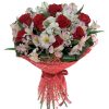 Букет "Корида" червоні троянди білі альстромерії