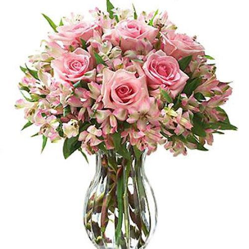 Букет "Ніжний настрій" рожеві троянди та альстромерії