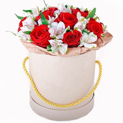 Капелюшна коробка "Привіт" червоні троянди білі альстромерії