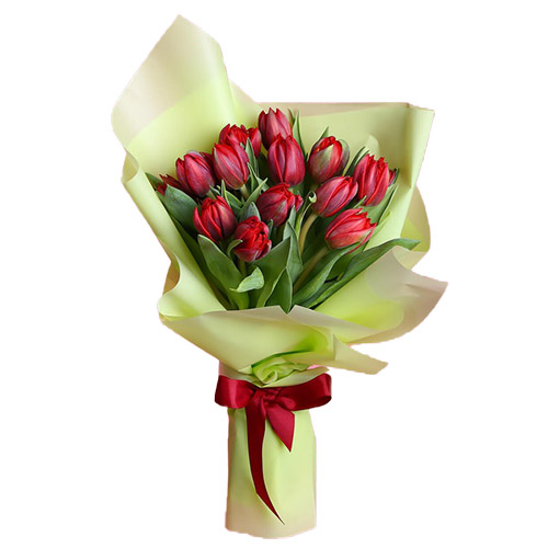 Фото товара 15 червоних тюльпанів у зеленій упаковці у Чернівцях