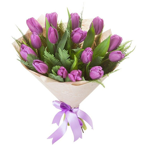 Фото товара 15 фіолетових тюльпанів з декором у Чернівцях