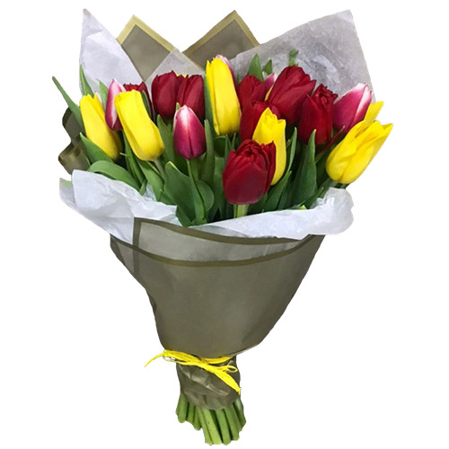 Фото товара 21 червоно-жовтий тюльпан у подвійному пакуванні у Чернівцях
