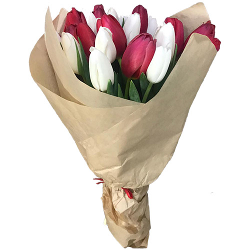 Фото товара 21 червоно-білий тюльпан у крафт у Чернівцях
