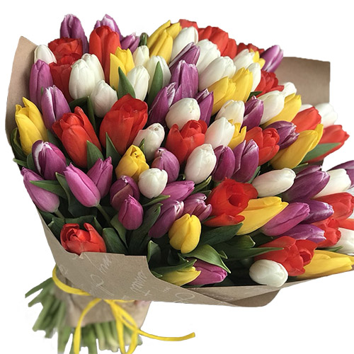 Фото товара 101 тюльпан микс (4 цвета) в крафт у Чернівцях