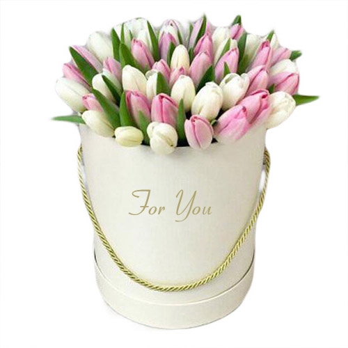 Фото товара 51 біло-рожевий тюльпан у коробці у Чернівцях